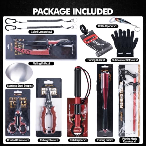 Goture Fishing Tool Kit,Fishing Pliers,Fillet Knife with Sheath,Fish Lip Gripper,Fish Hook Remover,Lanyard,Line Scissors,Sharpener,Stainless Steel Soap,Saltwater Gear Kit,Red/Pink,Gifts for Men/Women - color: A9:12pcs Fishing Tool Kit