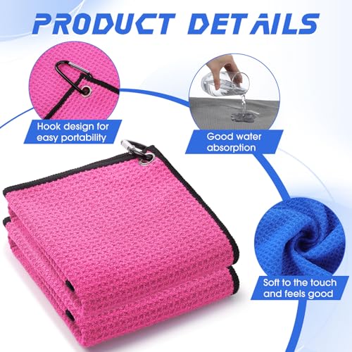 Batiyeer 12 Pcs Golf Towel Bulk for Golf Bags Microfiber Fabric Towel with Clip Waffle Pattern, Fitness, Camping, Hiking, Yoga - color: Rose Red, Gray, Blue