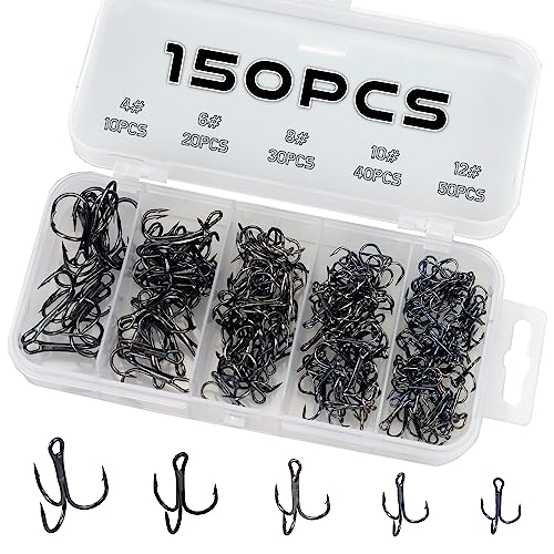 150Pcs Fishing Treble Hooks High Carbon Steel Fishing Hooks Classic Round Bend Triple Hooks Strong Sharp Treble Hooks