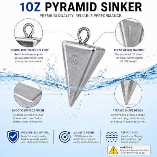 Pyramid Fishing Sinkers for Saltwater Surf Fishing, Lead Casting Weights for Beach Pier Ocean Bottom Rigs, 1oz, 2oz, 3oz Assorted Fishing Tackle - size: 1oz-10Pcs