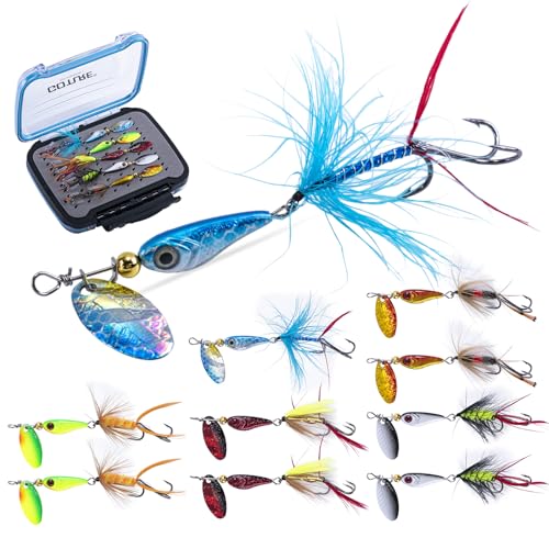 Goture Trout Lures Fishing Spinners,Rooster Bait Tail Bass Fishing Lures with Brass Spinner Blade Fish-Shaped Jig Heads for Freshwater Saltwater,Salmon Steelhead Trout Spinner Bait with Tackle Box - color: B:10pcs Trout Spinners