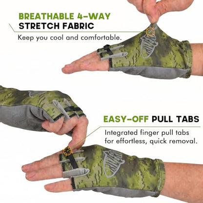 Riverruns SwiftShield Fishing Gloves Shortened Wrist UPF50+ Sun Gloves Fingerless Lightweight Breathable Hiking Driving Kayaking Paddling - color: CamoGreen, size: Small