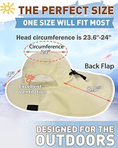 Tirrinia Wide Brim Sun Hat with Neck Flap for Men & Women, Breathable Hiking Fishing Safari Hat, Outdoor UV Protection Cap - color: Tan