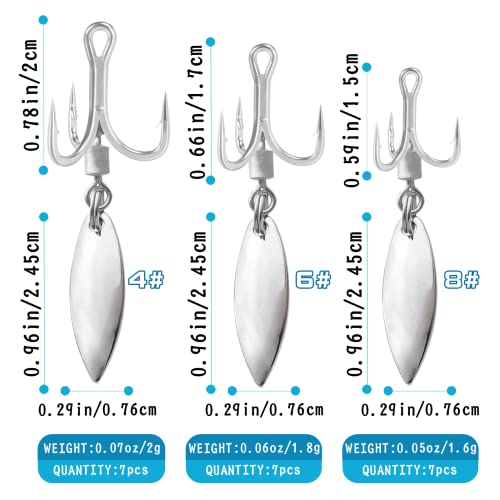 21Pcs Treble Hooks Willow Bladed Replacement Spinner Fishing Hook Set | Trout Bass Silver Three Treble Hooks for Freshwater and Saltwater