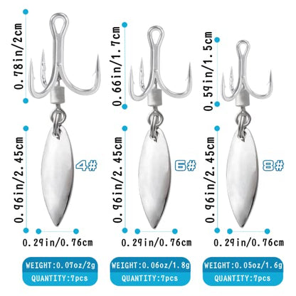 21Pcs Treble Hooks Willow Bladed Replacement Spinner Fishing Hook Set | Trout Bass Silver Three Treble Hooks for Freshwater and Saltwater