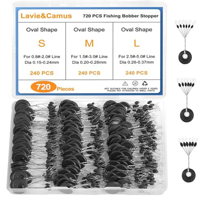 Lavie&Camus 720PCS Fishing Bobber Stopper, Oval Floats Sinker Stops, 6 in 1 Black Rubber Bobber Stops, L M S Size Float Stop Kit