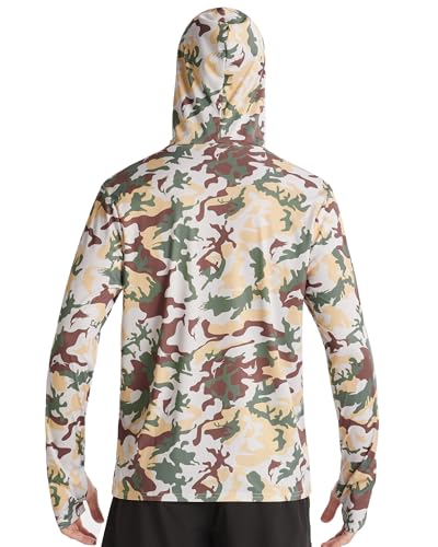 FISHEAL Men's Performance Fishing Hoodie Shirt - UPF 50+ Sun Protection Long Sleeve Thumbholes Shirts with Neck Gaiter - color: Desert Sand Camo, size: Medium