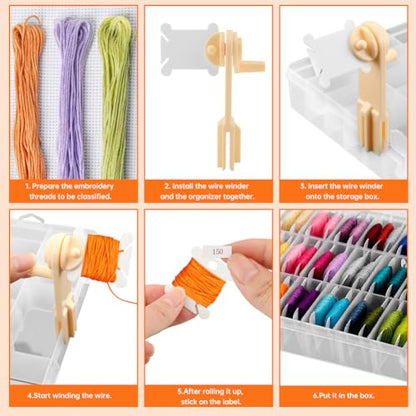 Embroidery Floss Organizer – Cross Stitch Thread Storage Box with 24 Removable Compartments, 40 Hard Plastic Floss Bobbins & Stickers