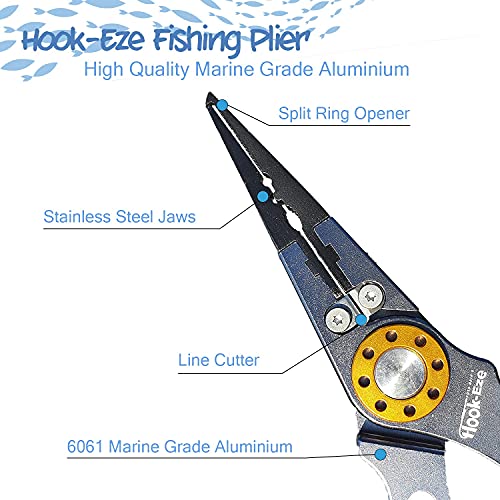 HOOK-EZE Grey Aluminum Fishing Pliers and Standard Blue Knot Tying Tool - Hook Remover and Split Ring with Coiled Lanyard - Multifunctional Cutter and Tool - Saltwater Freshwater Fly Fishing