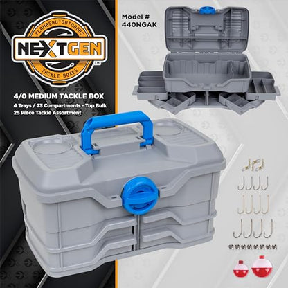 Flambeau Outdoors Next Gen 4/0 Medium Fishing Tackle Box - 4 Pivot Trays, 23 Compartments, Includes 25-piece Tackle Kit, Fishing Tackle and Gear Storage, Fishing Lure Organizer, Light Gray - size: Medium - With Tackle Kit - Light Gray
