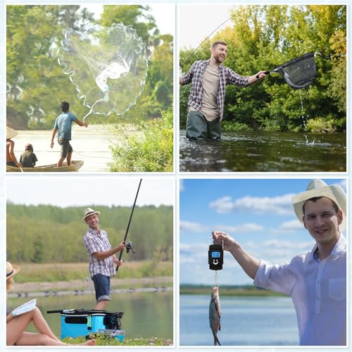 Threehoney Set of 4 Saltwater Fishing Cast Net, Foldable Fish Bucket, Folding Fishing Landing Net, and 110lb Digital Scale, 6 Gallon Live Fish Bait Bucket - color: Blue, size: 4ft