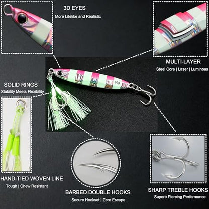 Saltwater Fishing Lures Metal Jigs Vertical Jigging Lure with Treble & Double Assist Hooks, 35-100g 6 pack Laser Glow Spoon Speed Sinking Slow Pitching Jig Offshore Targeting Tuna Mahi-Mahi Yellowtail - size: 35g/1.23oz