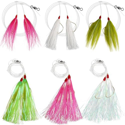 Fishing Teaser Rigs Saltwater, 3/6 Pack Flounder Rigs Hand Tied Sea Bass Hi Lo Rig Fishing Bait Rigs Multicolor Mylar Bucktail Teasers Rig for Flounder Fluke Halibut Sea Bass - size: 6 Packs, style: Bucktai/Mylar Teaser