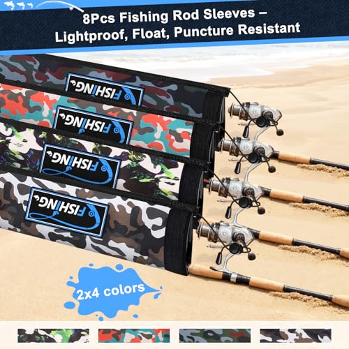 Neoprene Fishing Rod Sleeves for Casting, Spinning, Trolling Pole - Protective Cover Rod Sock with Hanging Loop & Lanyard- Floating, Puncture Resistant, Lightproof - size: 58", style: 8 Pcs
