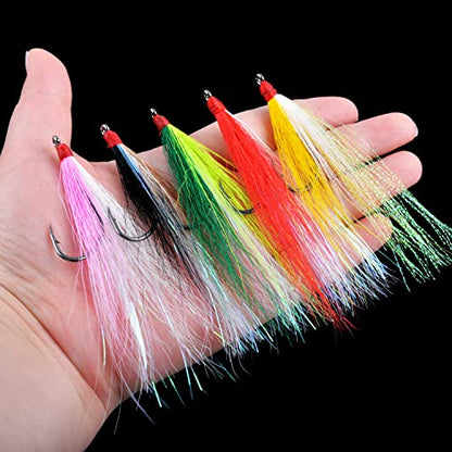 Bucktail Teasers Fishing Hooks Saltwater Flounder Rig Bucktail Mylar Teasers Inserted Fishing Teaser Hooks for Jigs Spoons Lures Hi/Lo Rig Striped Bass Bluefish Flounder Surf Bottom Fishing - color: Yellow-white, size: 6pcs