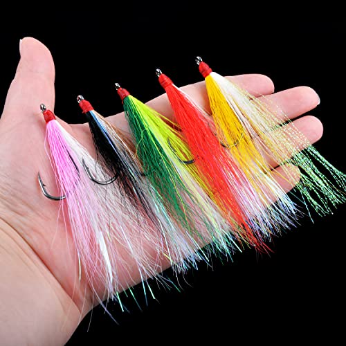 Bucktail Teasers Fishing Hooks Saltwater Flounder Rig Bucktail Mylar Teasers Inserted Fishing Teaser Hooks for Jigs Spoons Lures Hi/Lo Rig Striped Bass Bluefish Flounder Surf Bottom Fishing - color: Yellow-white, size: 12pcs