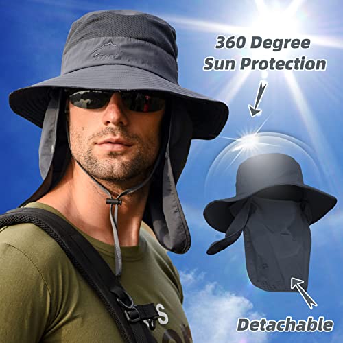 Fishing Hat for Men Sun Protection Hat with Removable Mesh Face Neck Flap Cover Windproof Strap for Men and Women - color: Dark Grey
