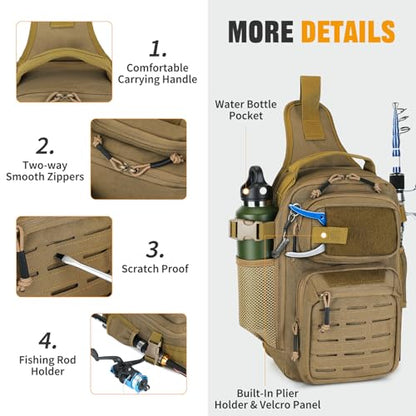HUNTVP Fishing Sling Bag Lightweight Tackle Bag Small Fishing Backpack Tactical Shoulder Sling Bags with Rod Holder, Storage Gear and Equipment, Gifts for Men (Brown) - color: Brown