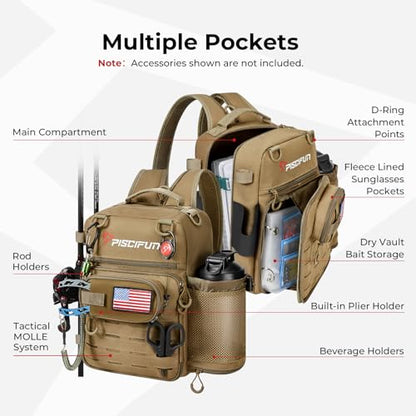 Piscifun Fishing Tackle Backpack, Convertible Sling or Waist Pack, 16-Pocket Storage Gear Bag with 2 Rod Holders & Rain Cover | 16 smart pockets, 2 rod holders, Rain cover, Breathable back support, Convertible sling/waist/backpack carry - color: Khaki