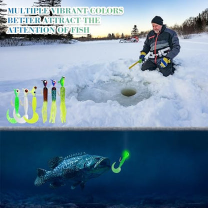 78-Piece Ice Fishing Jigs Kit with Glow-in-The-Dark Lures, Soft Baits, and Tackle Box for Panfish, Crappie, and Perch | Ice Fishing Gear Essentials