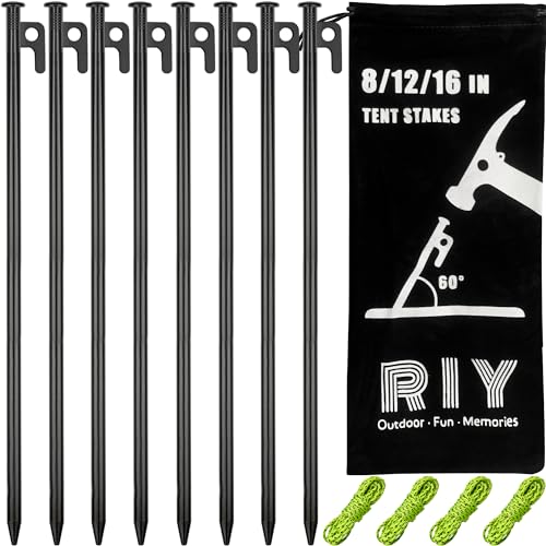 8 Pack Tent Stakes Heavy Duty Metal Tent Pegs for Camping Steel Tent Stakes 16 inch Unbreakable and Inflexible - size: 16 IN