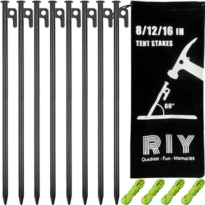 8 Pack Tent Stakes Heavy Duty Metal Tent Pegs for Camping Steel Tent Stakes 16 inch Unbreakable and Inflexible - size: 16 IN