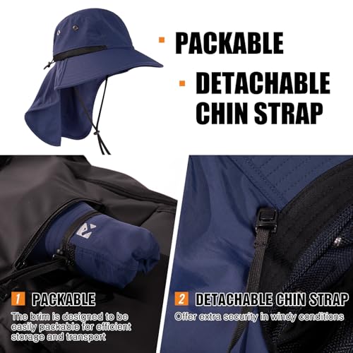 Oversized XL XXL Mens Sun Hat Big Head Neck Flap Shade Waterproof UPF50+ Wide Brim Hat Fishing Safari Hiking - color: Navy, size: Large-X-Large