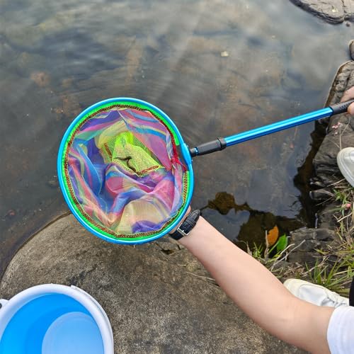 Fishing Nets with Bucket Fishing Retractable Landing Net Lightweight Aluminum Pole with Non-Slip Handle for Catch and Release and Release Frogs Butterfly Youth Outdoor - style: Blue