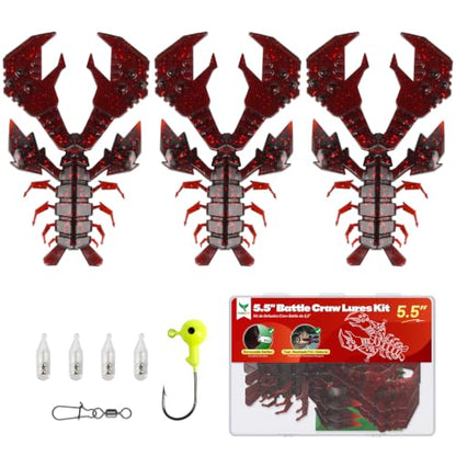 Soft Plastic 5.5" Crawfish Lures with Built-in Rattles, Weedless Bait | Durable Crawdad Swimbaits, Lifelike Action for Bass & Redfish, Freshwater Saltwater Use, 3pcs Per Pack Red Green Blue