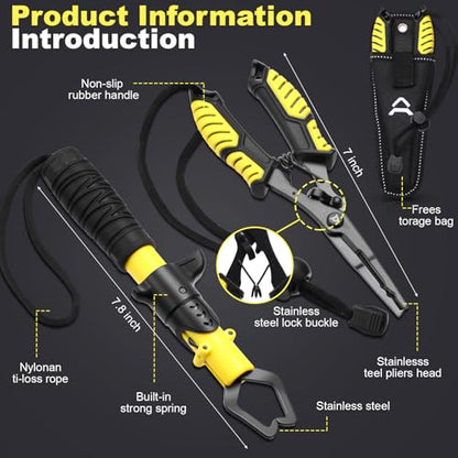 RoundFunny Fish Lip Gripper Pliers, Combo Fishing Tool Kit Stainless Steel Multifunction Hook Remover, Split Ring Pliers with Lanyards Sheath for Fly, Easter Fishing Basket Gift Gear Men Women - color: Yellow