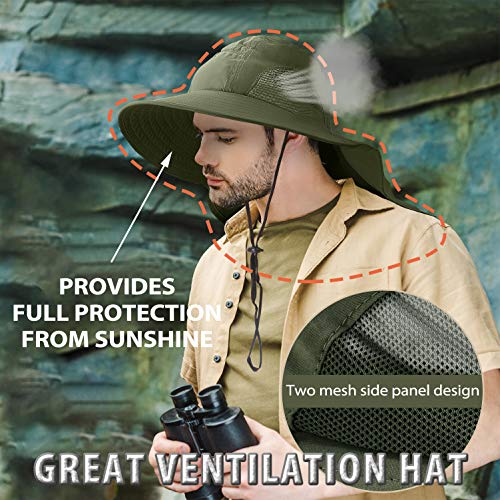 Tirrinia Wide Brim Sun Hat with Neck Flap for Men & Women, Breathable Hiking Fishing Safari Hat, Outdoor UV Protection Cap - color: Forest Green