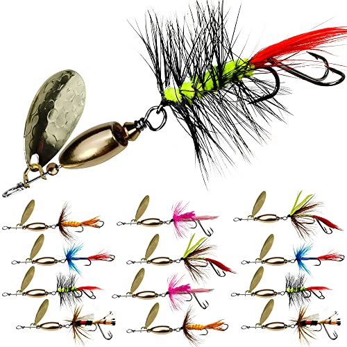 Trout Lures Fishing Spinnerbaits, Rooster Bait Tail Hard Metal Brass Spinner Baits Trout Fishing Lures for Bass Salmon Pike Freshwater Saltwater - color: A3-W35-12pcs-1/4oz