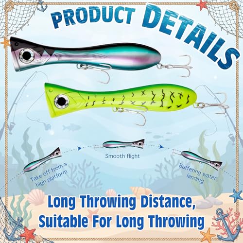 8-Inch Tuna Popper with Treble Hooks,4 Pcs Popper Saltwater Fishing Lures, Large Topwater 3D Eyes Surf Fishing Lure for Striper Barracuda Mackerel Snapper Bluefish Pencil Plugs Offshore