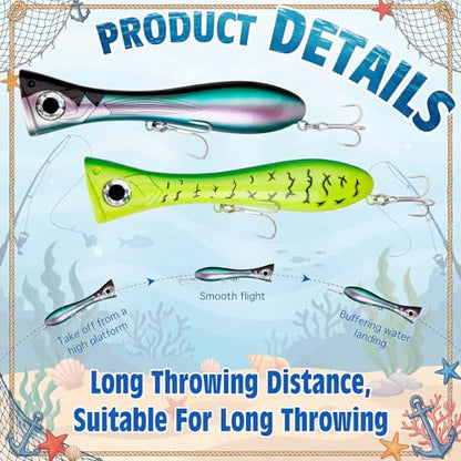 8-Inch Tuna Popper with Treble Hooks,4 Pcs Popper Saltwater Fishing Lures, Large Topwater 3D Eyes Surf Fishing Lure for Striper Barracuda Mackerel Snapper Bluefish Pencil Plugs Offshore