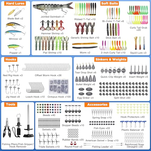 560Pcs Fishing Tackle Box Kit with Lures, Pliers, Hooks & Accessories - 4-Layer Waterproof Storage Box - Complete Fishing Gear Set for Freshwater/Bass Fishing - Ideal Gift for Men