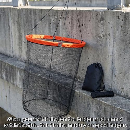 Foldable Bridge and Pier Fishing Landing Net - High Load-Bearing Aluminum Ring Drop Net for Saltwater Freshwater - Collapsible Basket with 50 FT Rope