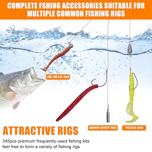 345pcs Fishing Accessories Kit, Fishing Tackle Box with Jig Head Hooks Worm Hooks Weights Sinkers Swivels Snaps Beads, Fishing Gear Set Equipment for Bass Trout Saltwater Freshwater Fishing - style: 345pcs Fishing Accessories Kit