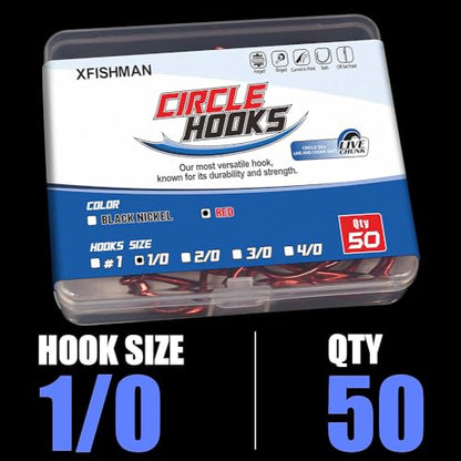 XFISHMAN Circle-Hooks-Fishing-Equipment-Octopus-Hooks-Saltwater-50 Pack #1 –12/0 - color: Red, size: 1/0 50-Pack