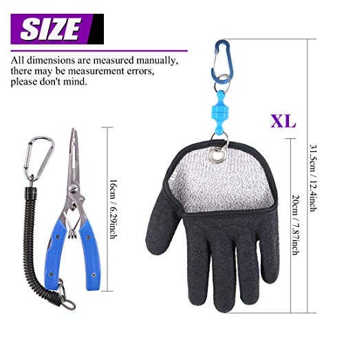Swpeet 2Pcs Fishing Gear Set, Fisherman Professional Fishing Glove with Magnet Hooks Release and Fishing Pliers Cutters Split Ring Pliers Hook Remover Fish Holder Sheath Lanyard - color: Left, size: X-Large