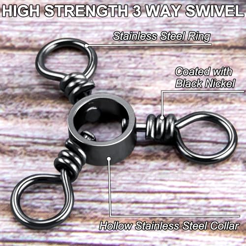 Alwonder 100-Pack 3 Way Swivels Fishing Tackle, 28-143LB Stainless Steel Black Nickel Three Way Swivel Fishing Swivels Connectors Saltwater Freshwater Surf Deep Drop Catfishing Rigs Tackle - size: #7-28LB-100 Pack
