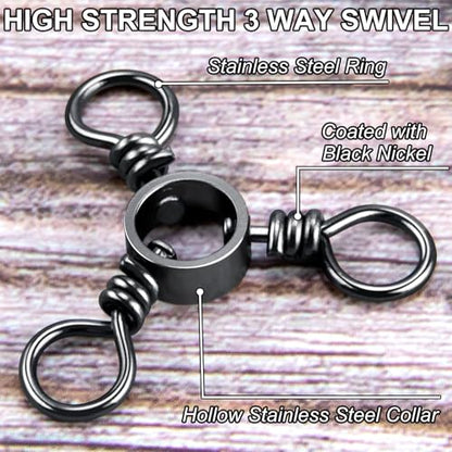 Alwonder 100-Pack 3 Way Swivels Fishing Tackle, 28-143LB Stainless Steel Black Nickel Three Way Swivel Fishing Swivels Connectors Saltwater Freshwater Surf Deep Drop Catfishing Rigs Tackle - size: #3/0-143LB-100 Pack