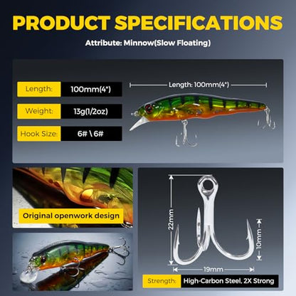 Topwater Fishing Lures -Hard Swimbait,3 8/9in 1/2oz Floating Lure with Hollow Cavity for Scent Attractant, for Bass,Pike,Trout,Freshwater & Saltwater - color: Emerald Bass