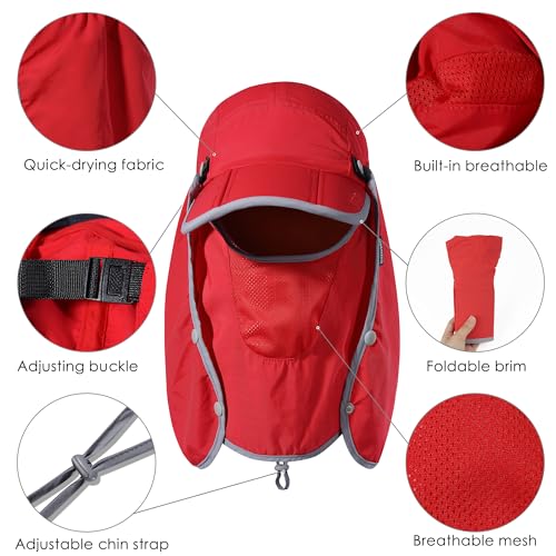 GADIEMKENSD UPF 50+ Folding Fishing Hat 360 Outdoor Sun Hat - color: Red