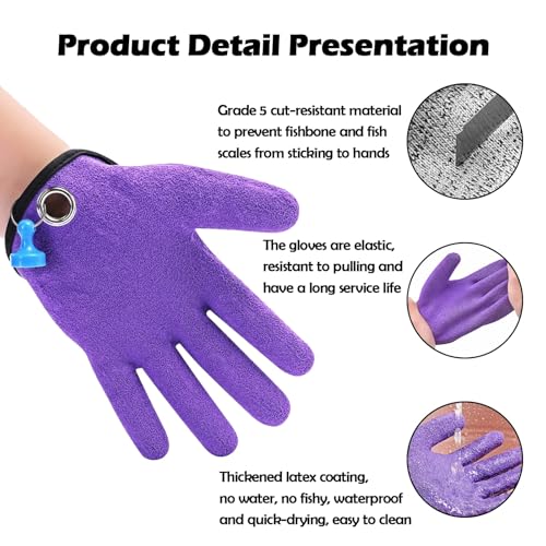 Fishing Gloves with Magnet Release - Non-Slip, Professional, Puncture Proof, Fish Handling - color: Left hand
