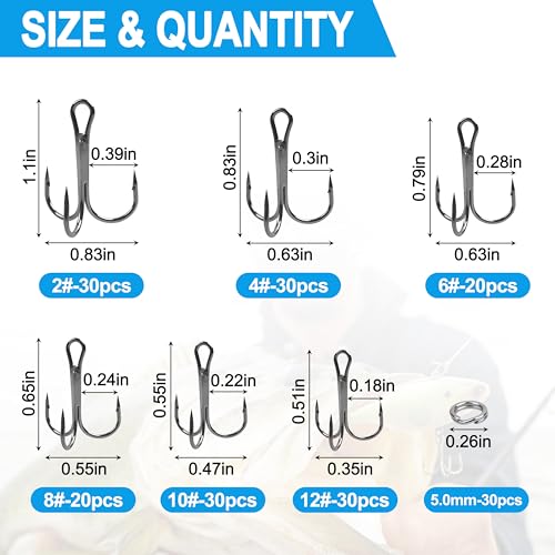Fishing Treble Hooks Kit,190pcs High Carbon Steel Strong Sharp Treble Hooks Round Bend with Split Rings Triple Hook for Lures Baits Saltwater Freshwater Fishing Gear - color: Black Mixed