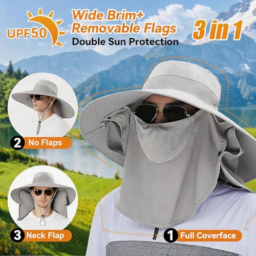 Super Wide Brim Fishing Hat UPF 50+ Sun Safari Hat with Removable Neck Face Flap - color: Light Grey