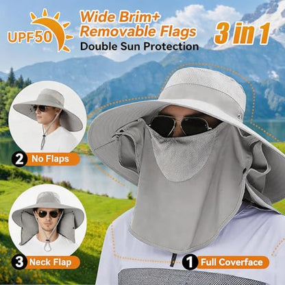 Super Wide Brim Fishing Hat UPF 50+ Sun Safari Hat with Removable Neck Face Flap - color: Light Grey