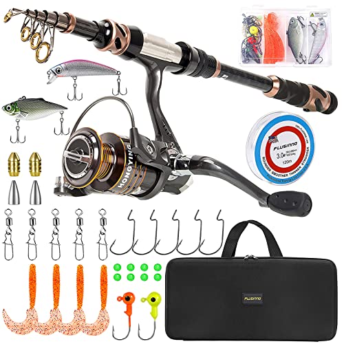 PLUSINNO Fishing Rod and Reel Combos - Carbon Fiber Telescopic Fishing Pole - Spinning Reel 12 +1 Shielded Bearings Stainless Steel BB - color: Full Kit with Carrier Case, size: 2.4M 7.87FT