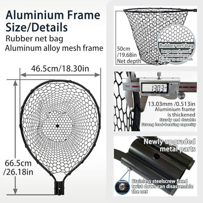 All Metal Telescoping Rubber Fishing Net with Handle Length: 59" Depth:19.7" Hoop: 26"x18" Large Silicone Fish Landing Net Pier/Kayak/Fishpond/Saltwater/Salmon Extendable Fishing Gear - color: Black