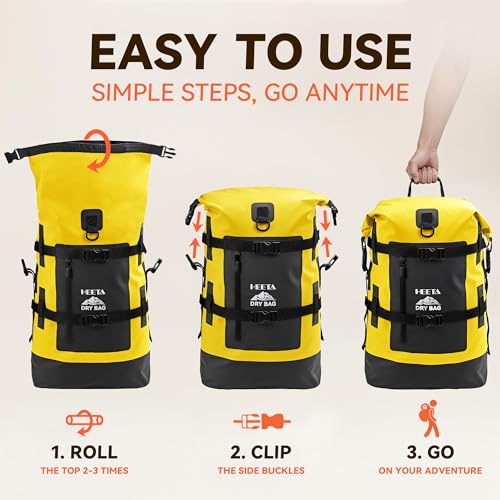 HEETA Dry Bags Waterproof Backpack 40L for Men & Women, Roll Top Heavy Duty Cushioned Hiking Backpack for Kayaking Boating Paddle Boarding Fishing Travel Camping Beach Vacation Cruise Ship Essentials - color: Yellow